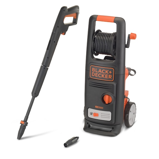 A BLACK+DECKER BXPW1900E high-pressure washer with an orange and black color scheme, featuring a wheeled unit with a hose reel, a spray gun, and nozzle accessories displayed.
