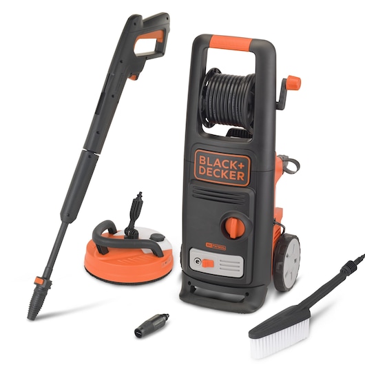 BLACK+DECKER pressure washer model BXPW1900PE with accessories including a spray gun, a surface cleaner, an adapter, and a cleaning brush, all shown on a white background.