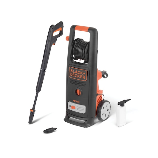 BLACK+DECKER BXPW2000E pressure washer with hose reel, spray gun, nozzle attachment, and detergent bottle shown on a white background.