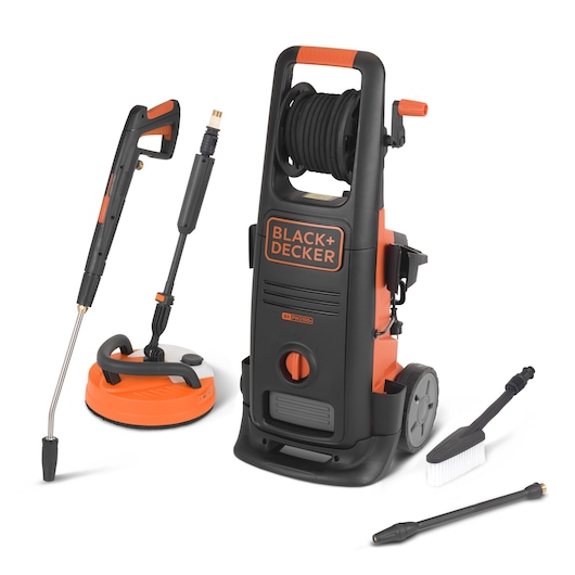 BLACK+DECKER BXPW2100PE pressure washer with wheels, hose reel, cleaning brush, spray gun, and circular surface cleaner attachment, all shown against a white background.