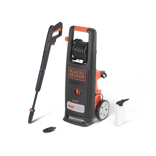 A BLACK+DECKER high-pressure washer with an upright design, large wheels, hose reel, and accessories including a spray gun, nozzle, and detergent bottle, displayed on a white background.