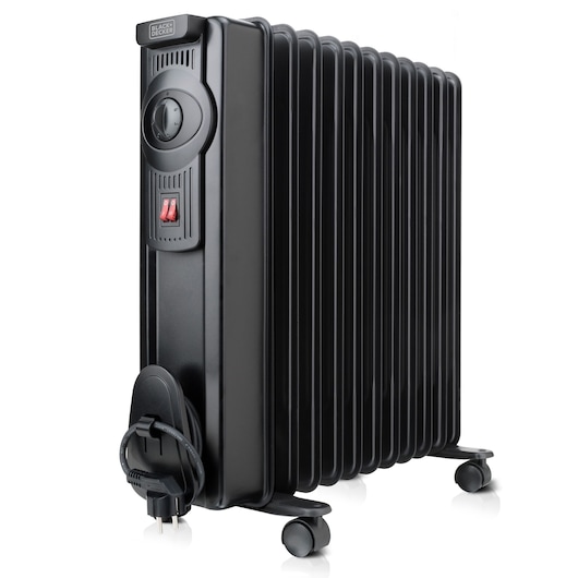 Black oil-filled radiator heater with control dials and switches, power cord wrapped around the holder, and four wheels for easy movement. Product branded BLACK+DECKER.