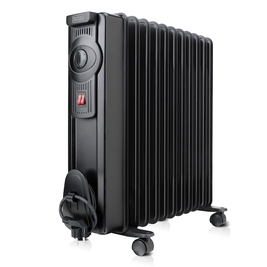 A BLACK+DECKER branded black electric oil-filled radiator heater with control switches, a power dial, and wheels for mobility. The unit has a power cord wrapped around a holder and is photographed on a white background.