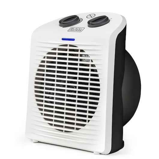 A BLACK+DECKER portable electric fan heater with a white front grille, two control dials on top, and a black side casing. The heater is shown at an angle on a white background.