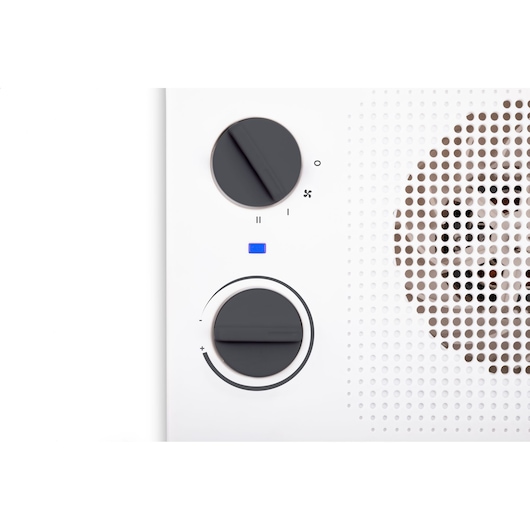 BLACKDECKER BXSH2001E heater control panel close-up, featuring two black dials and a blue indicator light.