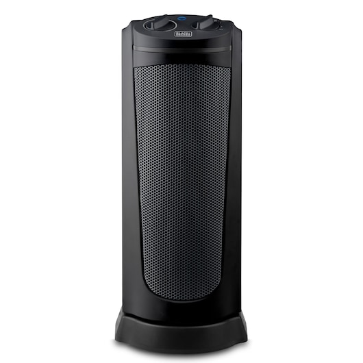A BLACK+DECKER BXSH2002E tower fan heater in black with a mesh front and two control dials on top, shown against a white background.