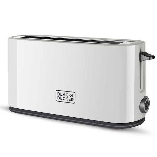 A white BLACK+DECKER long slot toaster with a black base and control knob on the side. The toaster is designed for toasting multiple slices of bread at once.