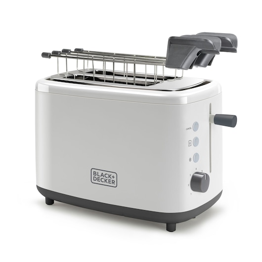 A white BLACK+DECKER toaster with two slots, adjustable browning control dial, and three function buttons on the side. A metal warming rack with handles is placed on top.