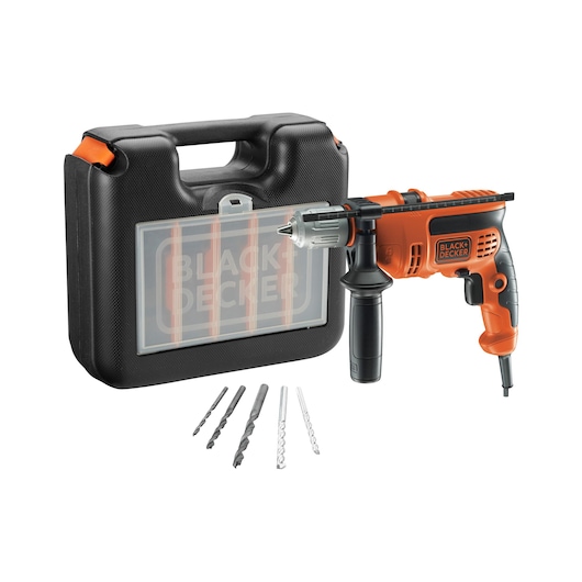 BLACK+DECKER electric drill with black and orange body, shown with a black carrying case and five drill bits arranged in front.