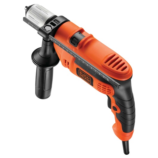 A BLACK+DECKER corded electric drill in orange and black, shown with a side handle and depth gauge attachment.