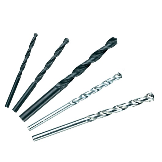 A set of five drill bits in different sizes, displayed on a white background. The drill bits have metal, spiral bodies suitable for use with power drills.