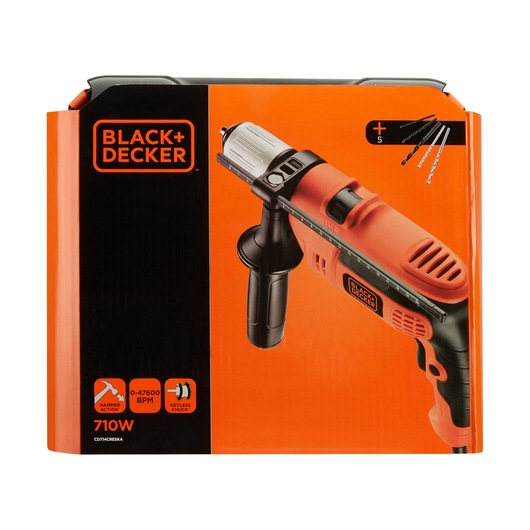 Box containing a BLACK+DECKER corded hammer drill, model CD714CRESKA, with 710W power. The packaging displays the orange and black drill, a side handle, five included drill bits, and product features such as hammer action, keyless chuck, and up to 47,600 BPM.