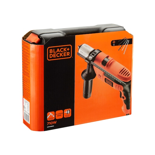 Box packaging of a BLACK+DECKER 710W hammer drill, featuring an image of the orange and black drill on the front, with a handle and five drill bits shown. The box displays product features including hammer action, keyless chuck, and 0-47600 BPM.