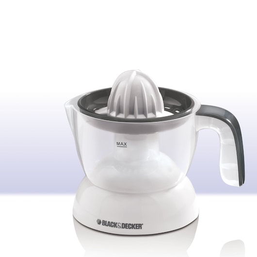 A BLACK+DECKER electric citrus juicer with a transparent container, gray handle, and a cone-shaped juicing mechanism on top.