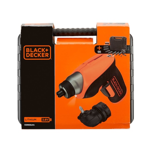 BLACK+DECKER CS3652LKA cordless screwdriver set in black and orange hard case, product front angle.