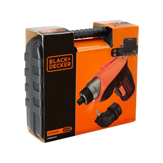 Photo of BLACK+DECKER cordless screwdriver set CS3652LKA in retail packaging, orange and black design, front angle.