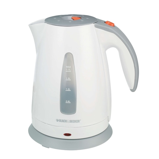 A white and grey electric kettle with a water level indicator and an orange button on the handle. The brand BLACK+DECKER is visible near the base.