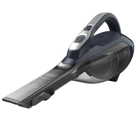 A BLACK+DECKER handheld vacuum cleaner with a slim, extended nozzle and lithium battery, shown on a white background.