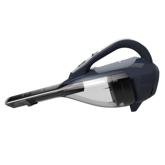 A BLACK+DECKER handheld vacuum cleaner with a dark blue and gray design, featuring an elongated nozzle and an ergonomic handle.