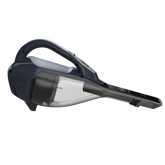A BLACK+DECKER handheld cordless vacuum cleaner with a dark blue and black design, featuring a transparent dust container and ergonomic handle.