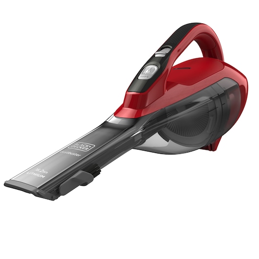 A BLACK+DECKER red and black handheld vacuum cleaner, model DVA315J, with a transparent dust compartment and a lithium battery.