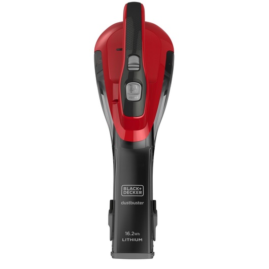 A BLACK+DECKER dustbuster handheld vacuum cleaner with a red and black design, labeled as 16.2Wh Lithium.