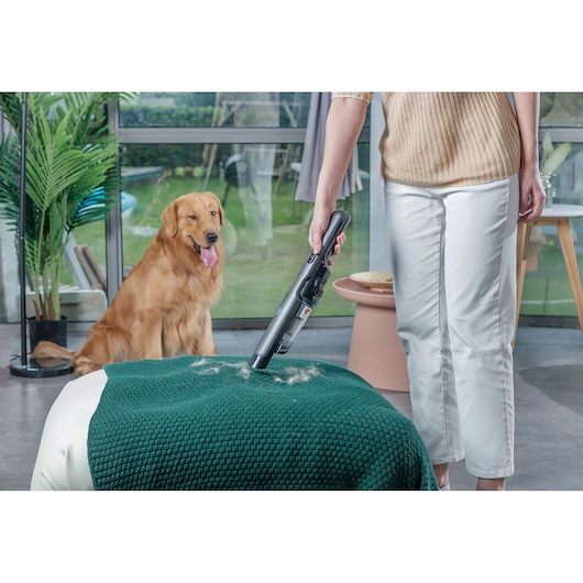 A person uses a handheld BLACK+DECKER vacuum cleaner to remove pet hair from a green blanket, with a large dog sitting in the background inside a modern living room.
