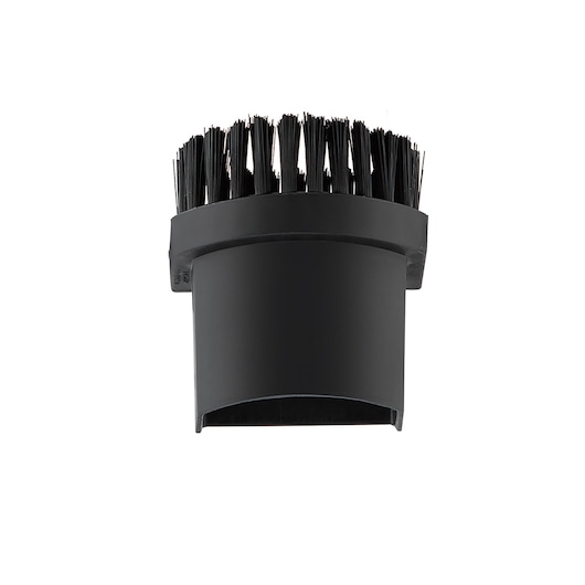 A black cylindrical brush vacuum cleaner attachment with stiff bristles, photographed on a white background.