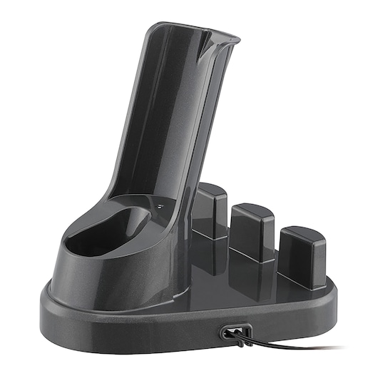 A BLACK+DECKER charging dock made of black plastic, designed to hold and charge a handheld device. The dock has several compartment sections and a cable attached, photographed against a plain white background.
