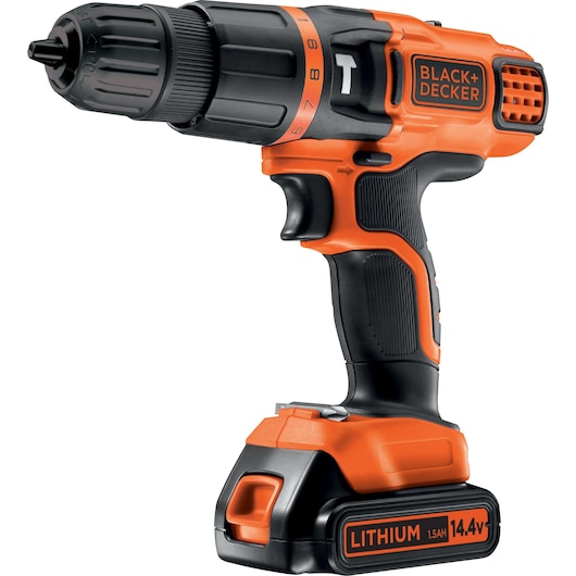 A BLACK+DECKER cordless power drill with an orange and black design, featuring a lithium battery rated at 14.4V and 1.5Ah.