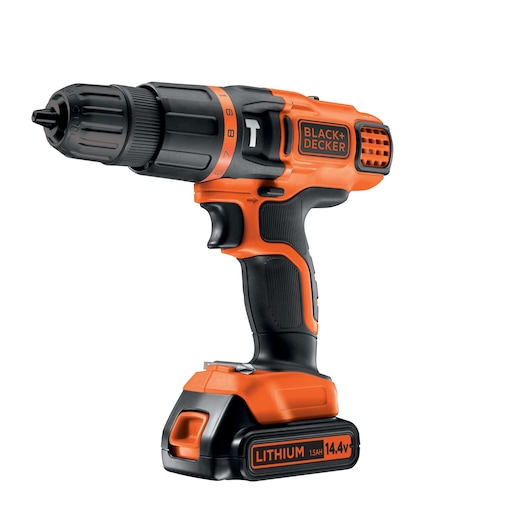 A BLACK+DECKER cordless drill with a black and orange design, featuring a 14.4V lithium battery and ergonomic handle.