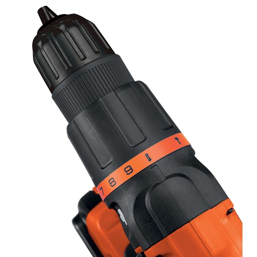 BLACKDECKER EGBL188KB cordless drill close-up, showing adjustable torque settings, black and orange color.