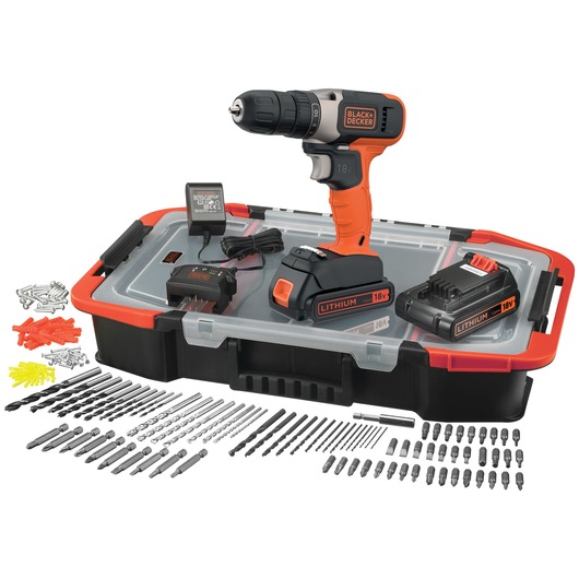Trapano avvitatore a batteria 18V con 2 batterie da 1,5 Ah, caricabatterie da 400 mA, 160 accessori in valigetta Click&Connect