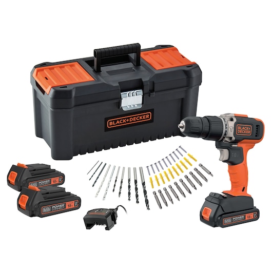 18V Cordless 2 Speed Hammer Drill kit with all accessories.