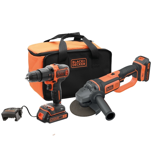 Trapano avvitatore a percussione 18V e smerigliatrice angolare 18V in softbag, con due batterie 2Ah e caricabatterie