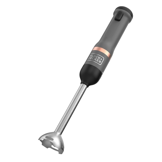 Slanted angle of the kitchen wand power unit in grey with blender head attached, included with the BLACK+DECKER kitchen wand 2 kit