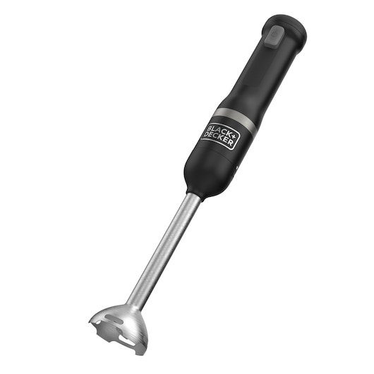 Slanted angle of the kitchen wand power unit in black with blender head attached, included with the BLACK+DECKER kitchen wand 6 kit