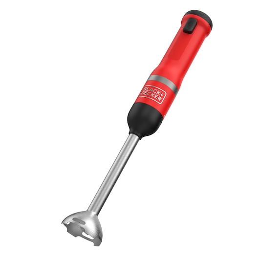 Slanted angle of the kitchen wand power unit in red with blender head attached, included with the BLACK+DECKER kitchen wand 6 kit
