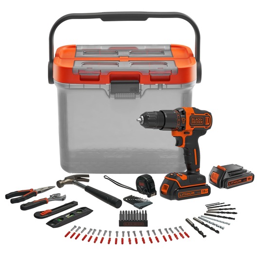 Trapano avvitatore a percussione da 18 V, 2 batterie da 1,5 Ah, caricabatterie da 400 mA e 78 accessori con scatola piatta