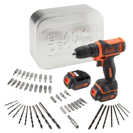 Trapano/Avvitatore 10.8V Litio in scatola metallica con doppia batteria e 50 accessori
