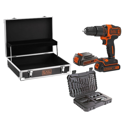 Trapano avvitatore a percussione a 2 velocità meccaniche con doppia batteria 18V in valigetta metallica premium con vano ripiano per accessoristica e utensili manuali comprensiva di set 32 accessori
