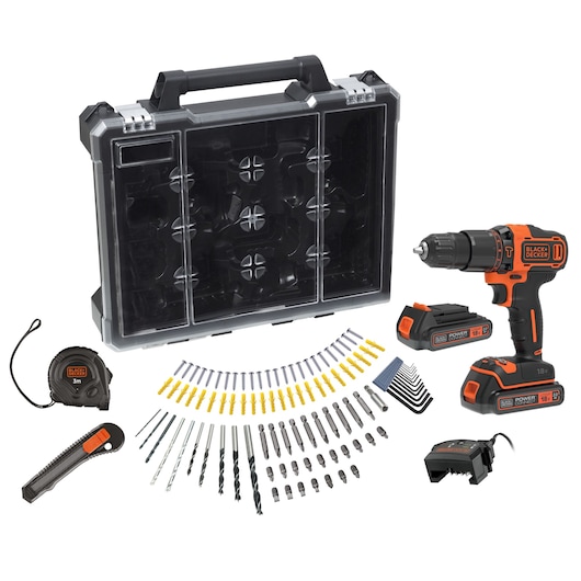 18V Cordless 2 Gear Hammer Drill kit with all accessories.