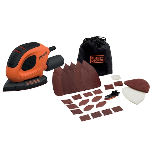Kit view of the BLACK+DECKER 55W Mouse Sander With 15 Accessories in Softbag.