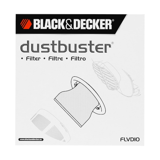 Photo of BLACKDECKER FLVD10 dustbuster filter packaging, white box with product illustrations and bold branding, front angle.