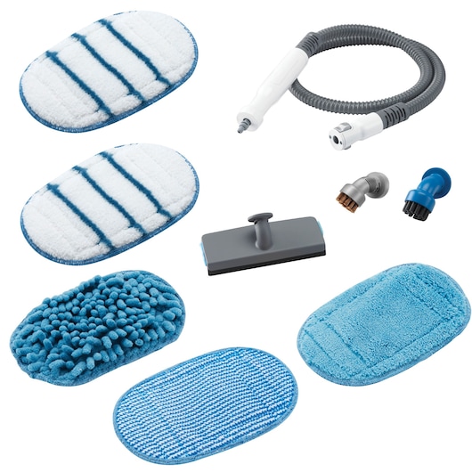 A set of BLACK+DECKER cleaning accessories including various blue and white microfiber pads, a flexible hose, two round brush attachments, and a rectangular cleaning tool. The items are arranged separately on a white background.