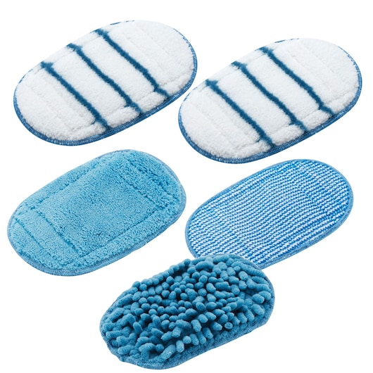 Five different types of oval-shaped cleaning pads in shades of blue and white, designed for use with a BLACK+DECKER cleaning device. The pads display various textures including striped, smooth, microfiber, and chenille.