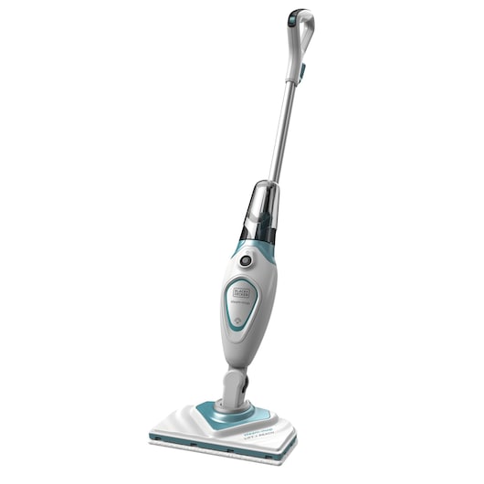 A BLACK+DECKER FSM1616 steam mop with a white and light blue color scheme, featuring a long handle and rectangular cleaning head.