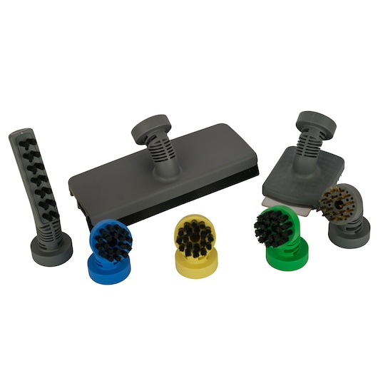 BLACKDECKER FSMH21A steam cleaner brush attachments set, assorted shapes and colors, front angle.