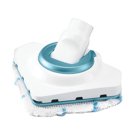 A close-up image of a triangular-shaped steam mop head attachment with a white and blue color scheme. The mop head has a microfiber cleaning pad attached beneath it.