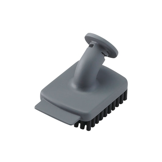 A grey rectangular cleaning brush attachment with a curved connector, designed for use with compatible appliances.